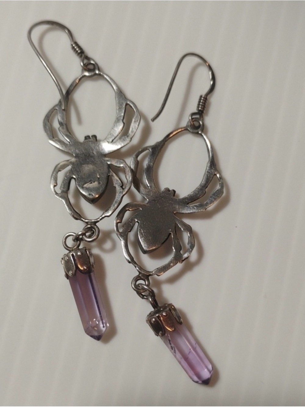 Sterling Silver 925 Onyx & Amethyst 2” Drop Spider Earrings Handcrafted - Picture 4 of 5